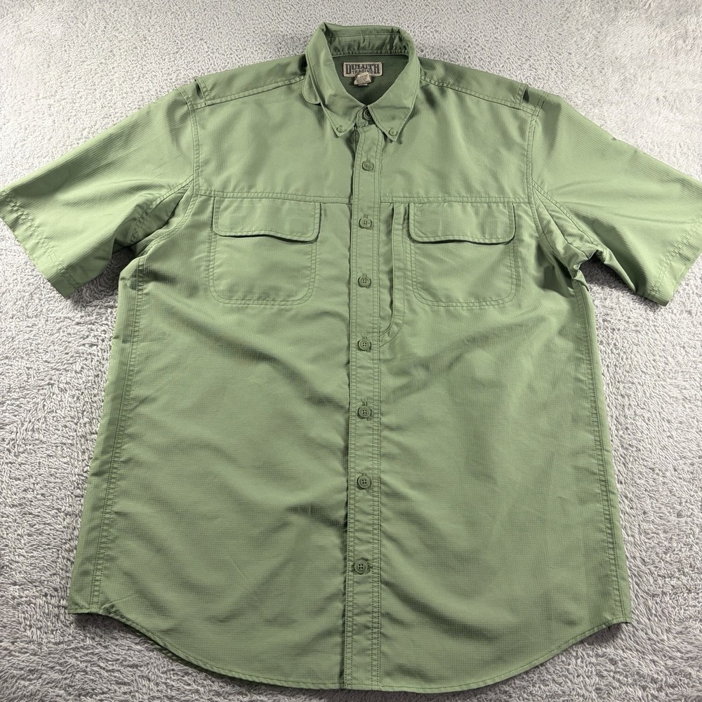 Duluth Trading Fishing Shirt Mens Large Tall Green Button Up Poly Mesh Vented